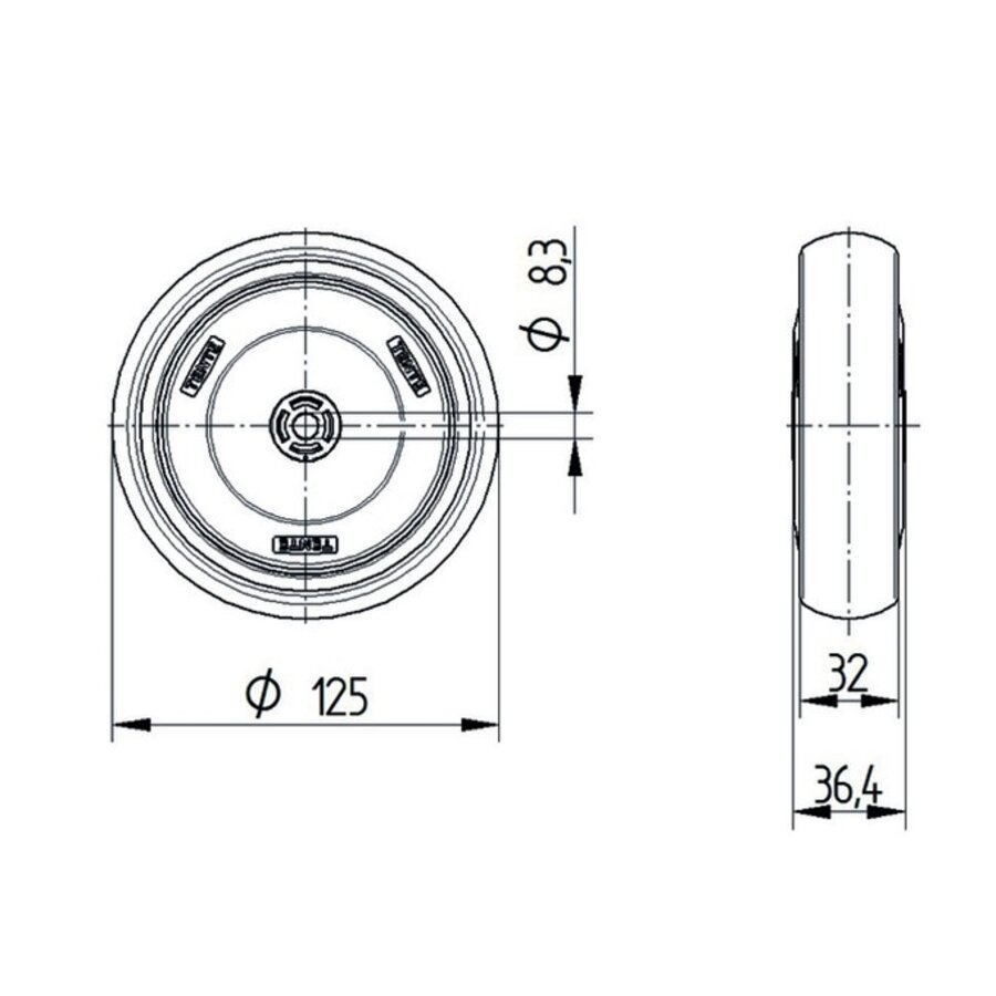 Wiel 125mm 4TPKO asgat 8mm naaf 36,5 elektrisch geleidend-2