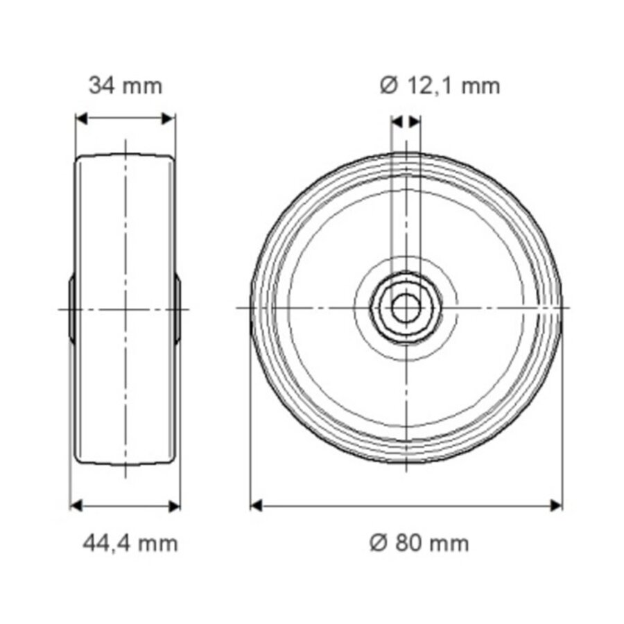 Wiel 80mm 3PP zwart asgat 12mm naaf 44,5-2