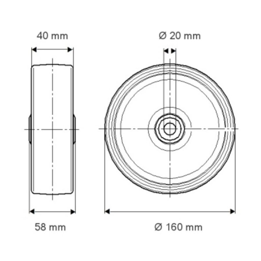 Wiel 160mm 3NO rollager asgat 20mm naaf 58-2