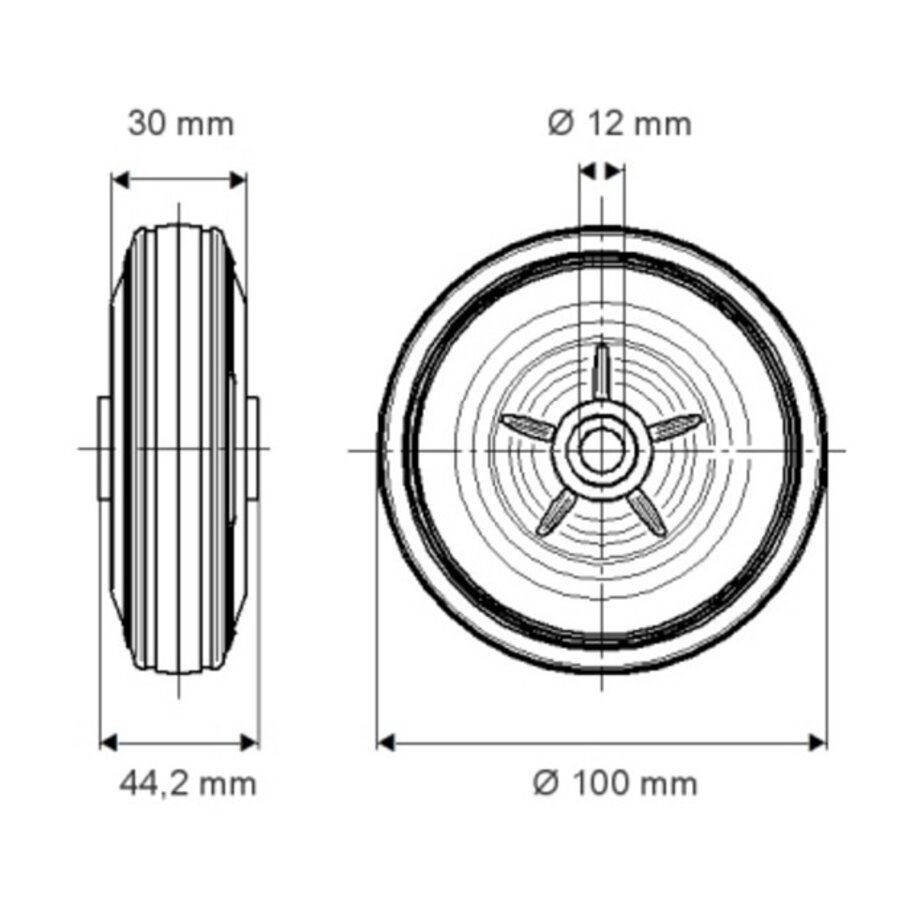 Wiel 100mm 3KO rubber asgat 12mm naaf 44,2 elektrisch geleidend-2