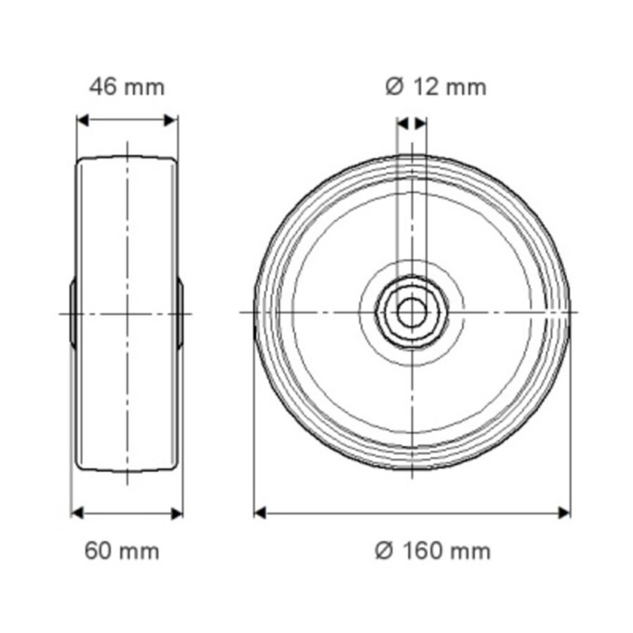 Wiel 160mm elastisch rubber RVS kogellager asgat 12mm naaf 60-2