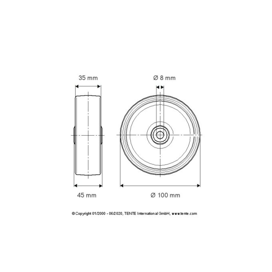 Wiel 100mm hittebestendig duro asgat 8mm naaf 45,5-2