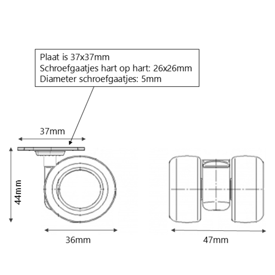 Möbelmann XPU wiel 36mm plaat 36x36mm-2