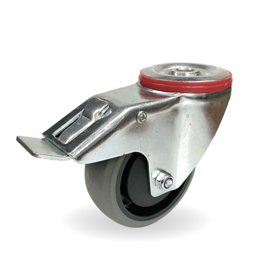 EdelRader zwenkwiel elastisch rubber grijs 100mm 2KO boutgat met rem-1