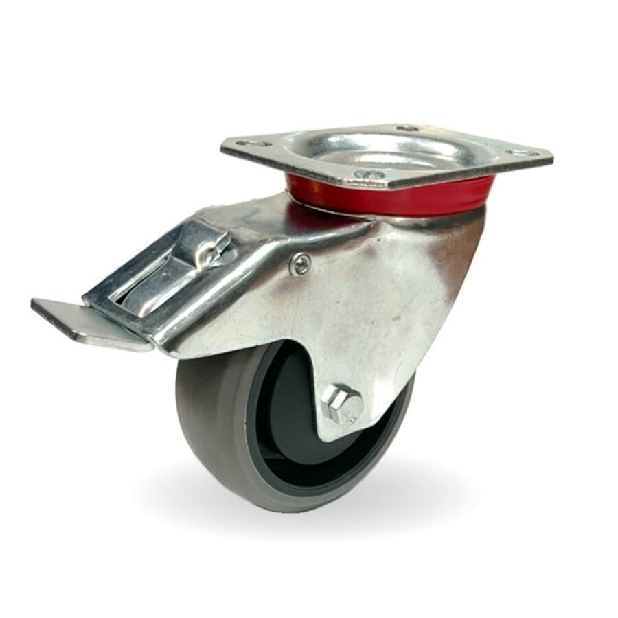 EdelRader zwenkwiel elastisch rubber grijs 100mm 2KO plaat met rem-1