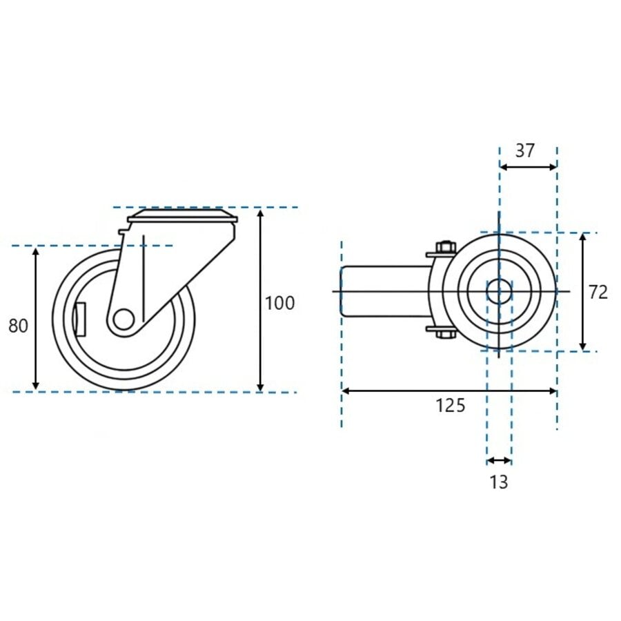 EdelRader zwenkwiel elastisch rubber grijs 100mm 2KO boutgat-2