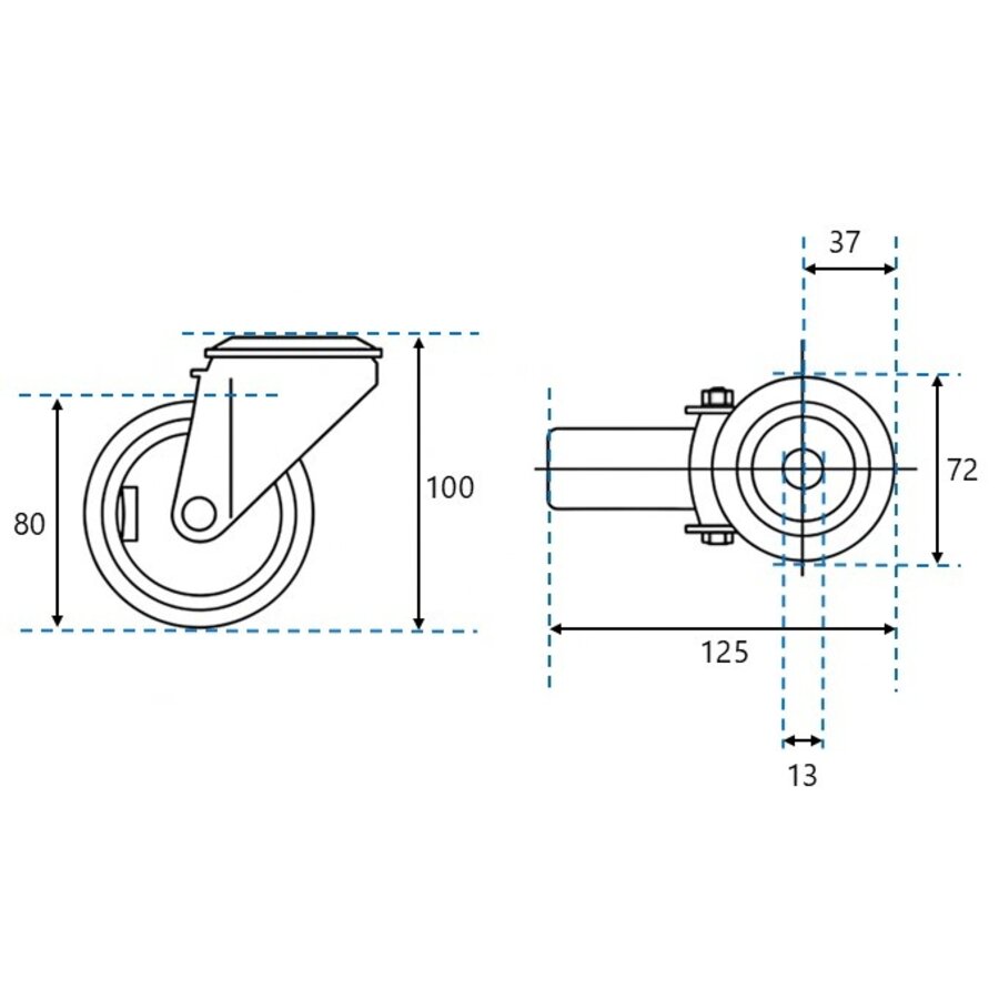 EdelRader zwenkwiel grijs rubber 100mm 2KO boutgatbevestiging-2