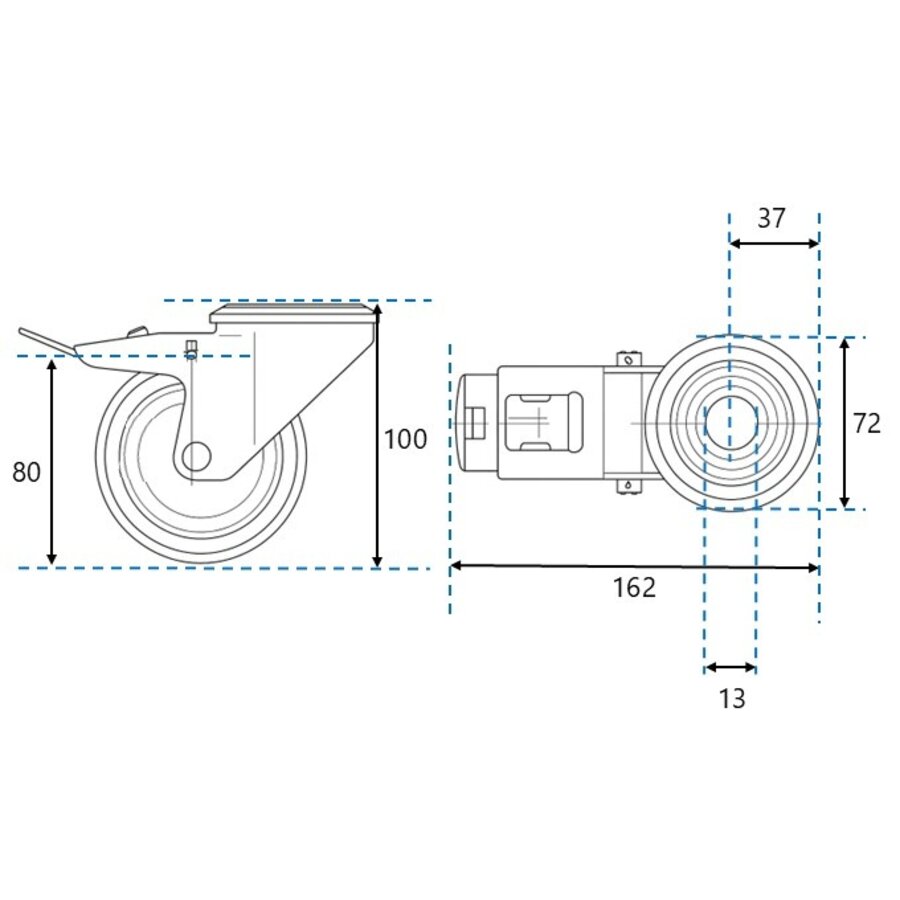 EdelRader zwenkwiel grijs rubber 100mm 2KO boutgatbevestiging met rem-2