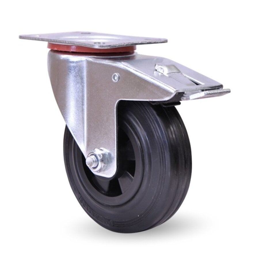 EdelRader zwenkwiel rubber 100mm 2KO plaat met rem-1