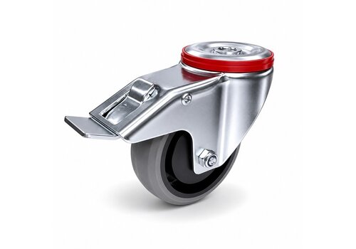 EdelRader zwenkwiel grijs rubber 125mm 2KO boutgatbevestiging met rem 