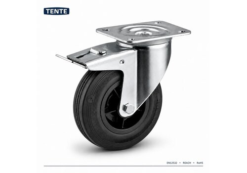 TENTE Zwenkwiel rubber 100 3KO plaat met rem 