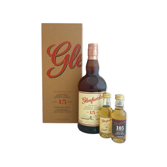 Glenfarclas 15 Years 70CL giftpack met 105 5cl & 25Y 5cl
