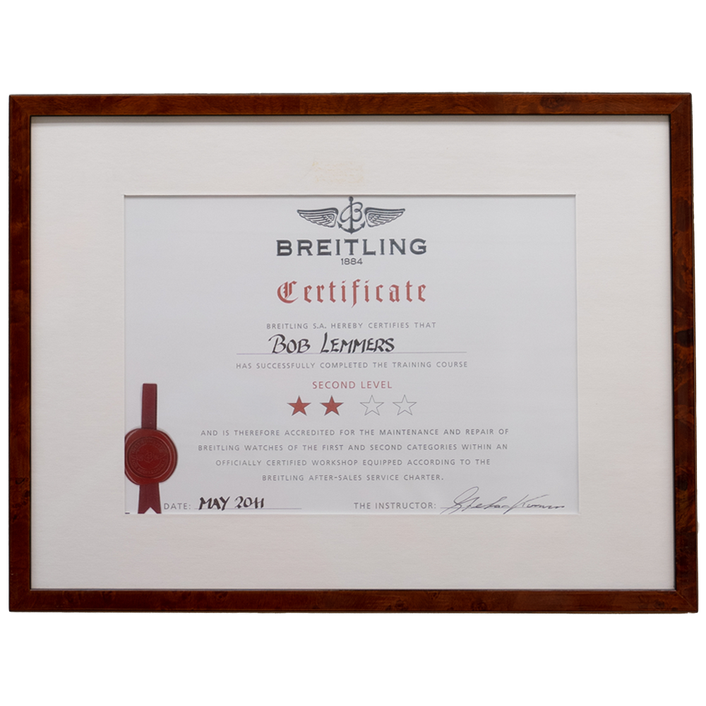 Certificaat Breitling Horlogemaker Paul van Zeeland