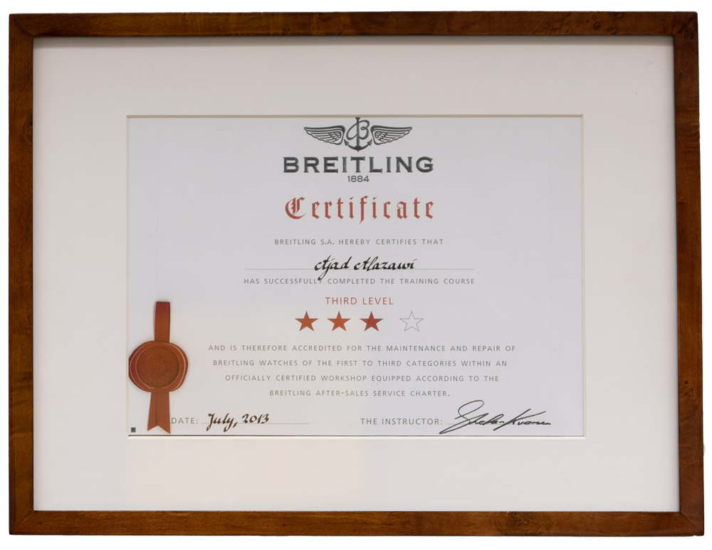 Certificaat Breitling Horlogemaker Paul van Zeeland