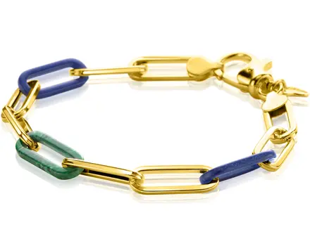 Zinzi Goldplated  armband paperclip/lapis/malachiet 19cm ZIA2455