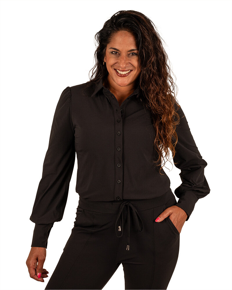 Zwarte travelstof blouse met pofmouw van Mi Piace