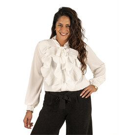 New Collection Off-white blouse met plissé froezel en strikkraag