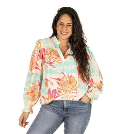 Vera Jo Turquoise/roze/oranje print blouse van Vera Jo