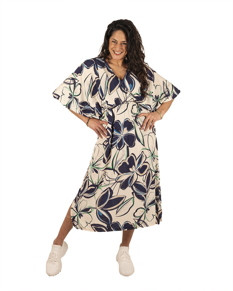 Blauw ecru print overslagjurk van Gemma Ricceri