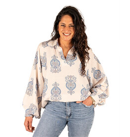 El-Vita Beige/blauw print blouse  van El-Vita