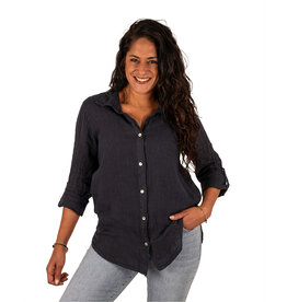 Perla Nera Donkerblauwe linnen blouse van Perla Nera