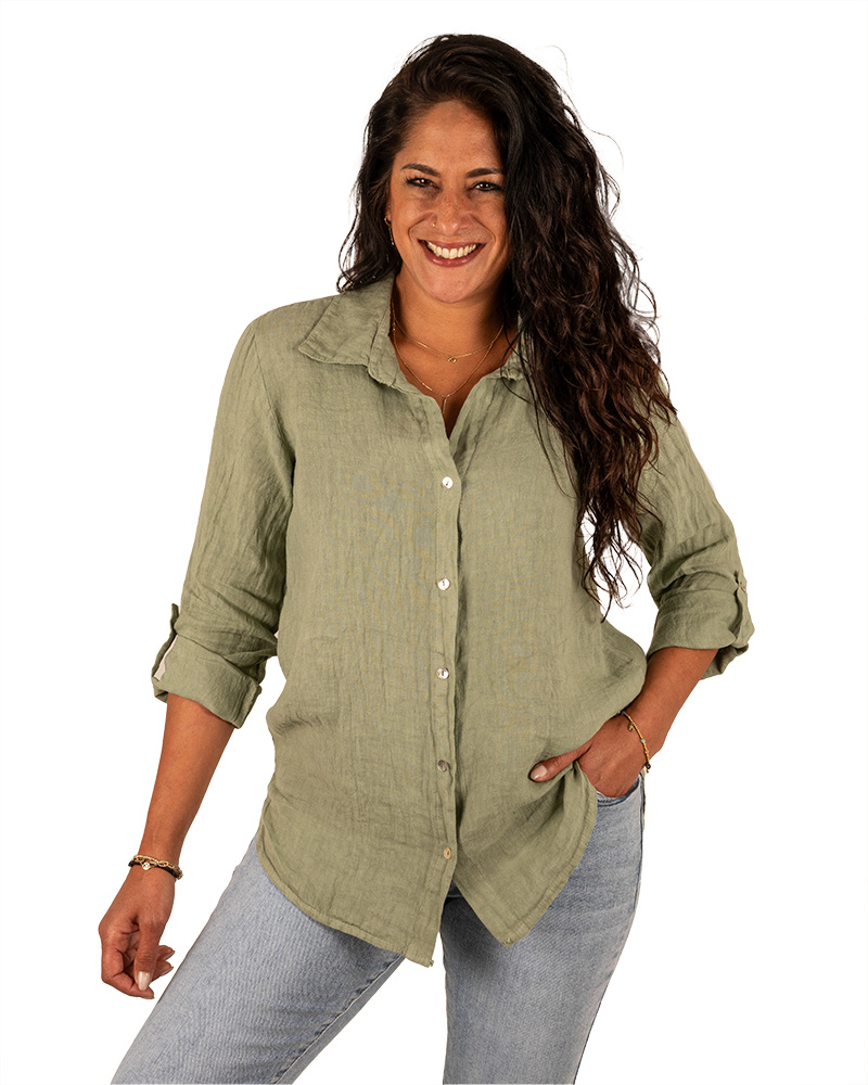 Legergroene linnen blouse van Perla Nera