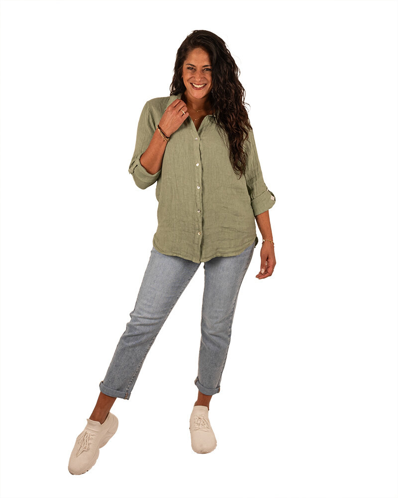 Legergroene linnen blouse van Perla Nera