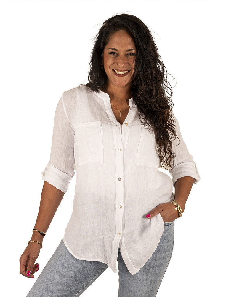 Witte linnen blouse met kanten inzet van Perla Nera