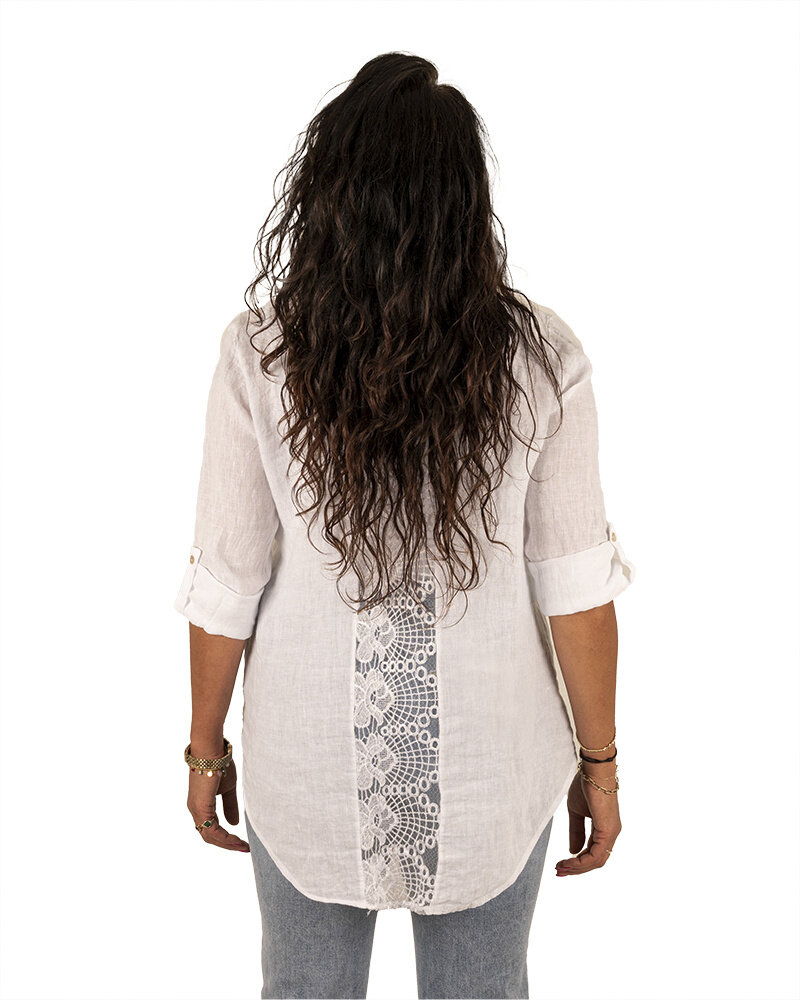 Witte linnen blouse met kanten inzet van Perla Nera