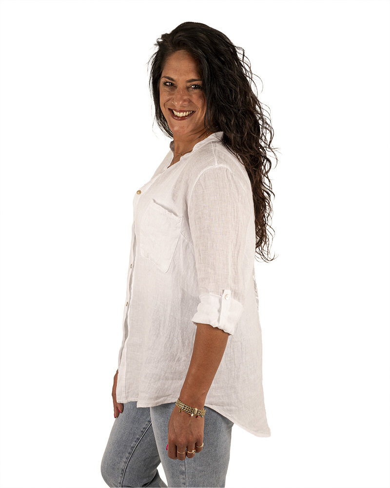 Witte linnen blouse met kanten inzet van Perla Nera