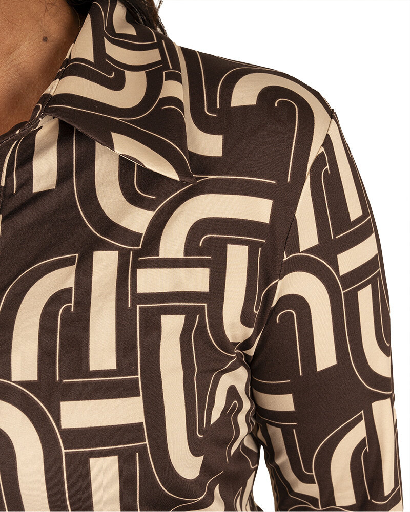Bruin/beige print travelstof blouse van By Swan