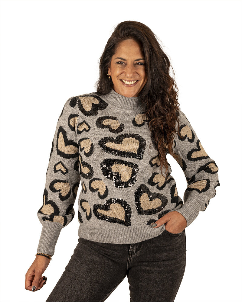 Grijs/beige hartjes trui met pailletten van Flam mode