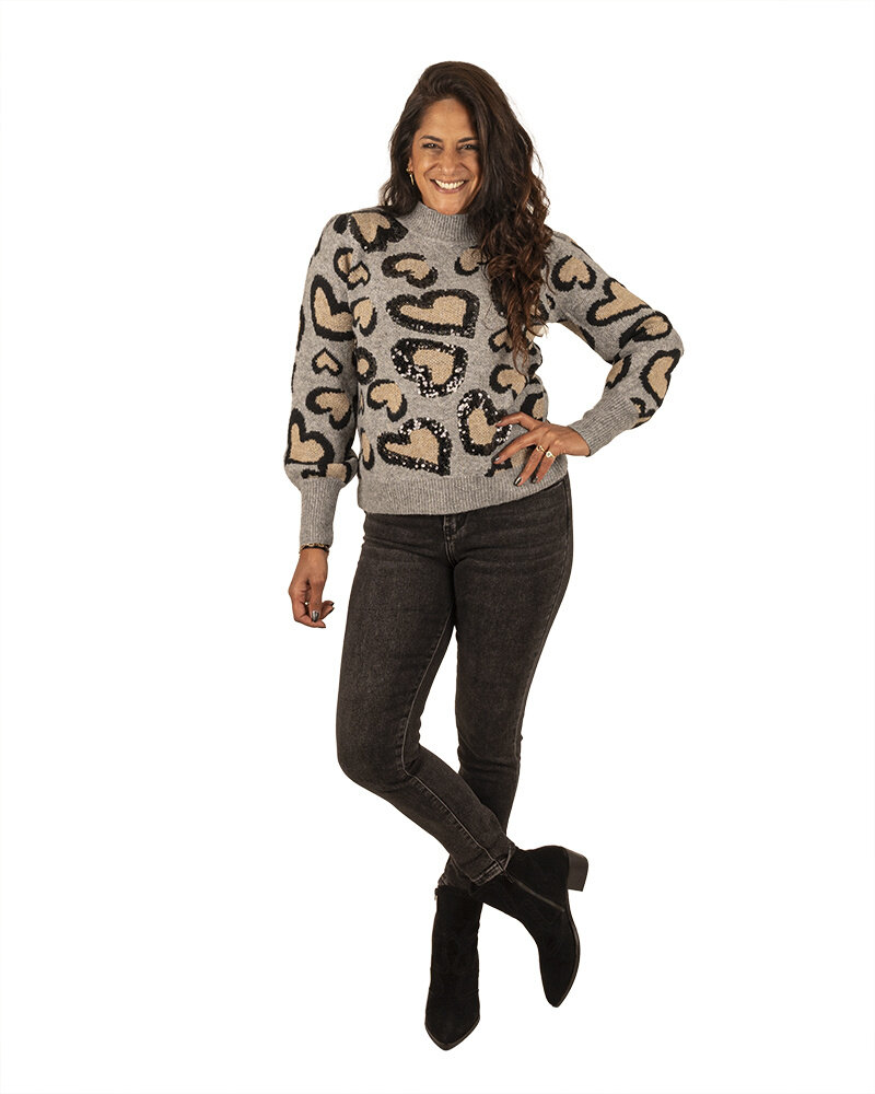 Grijs/beige hartjes trui met pailletten van Flam mode