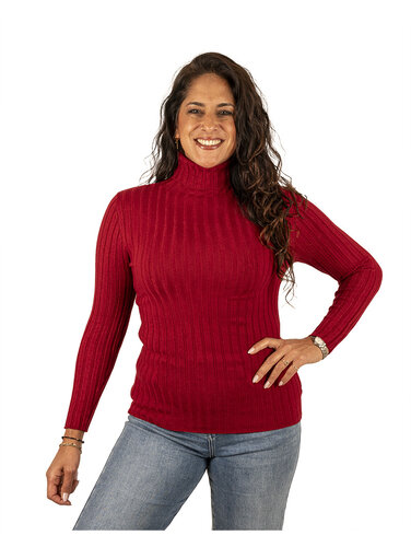 Bordeaux ribgebreide trui met col