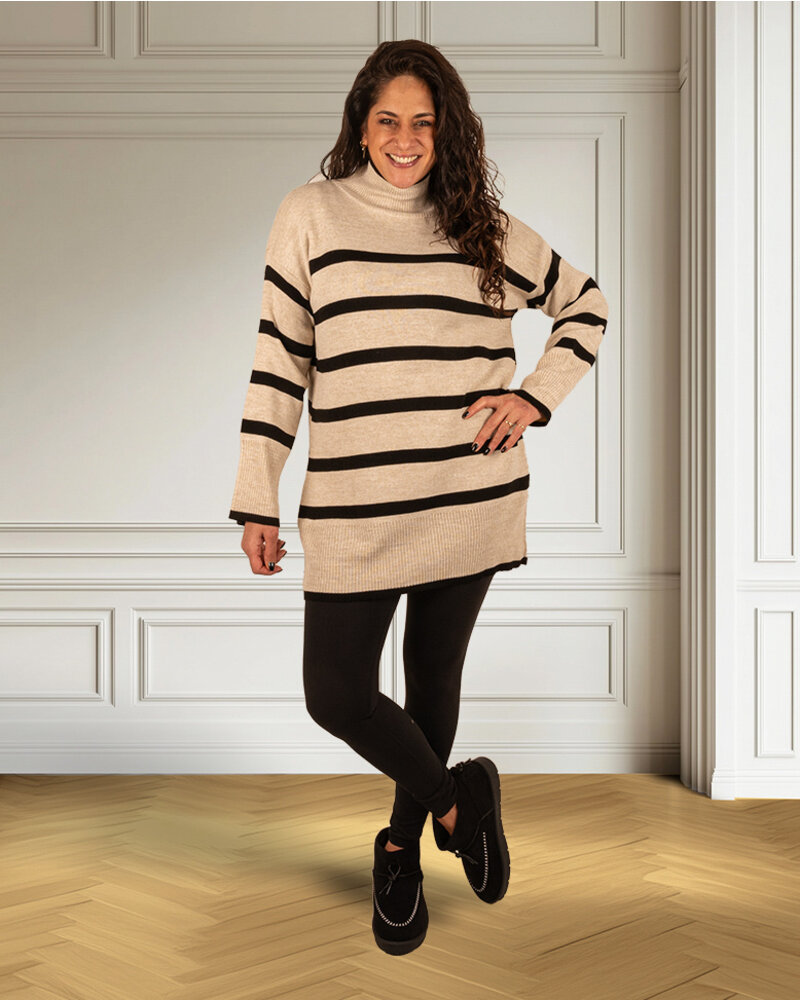 Beige/zwart gestreepte trui met col