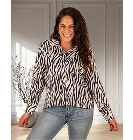 Ecru/donkerblauw zebraprint blouse
