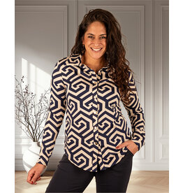 Beige/donkerblauw print travelstof blouse