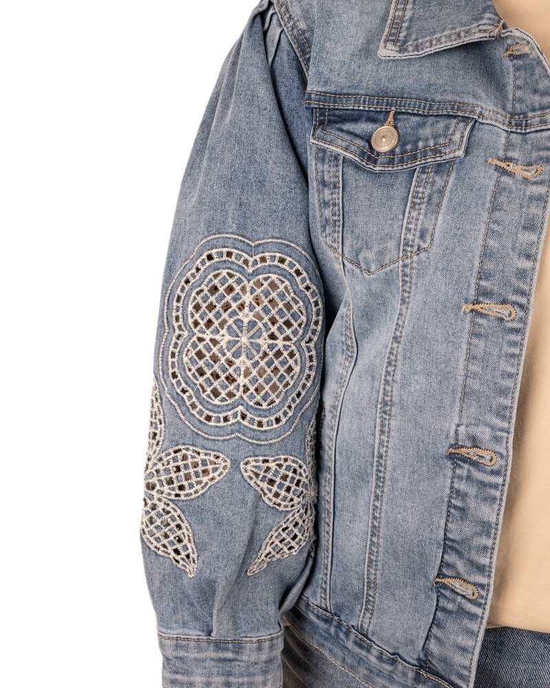Jeans jasje met opengewerkte mouwen