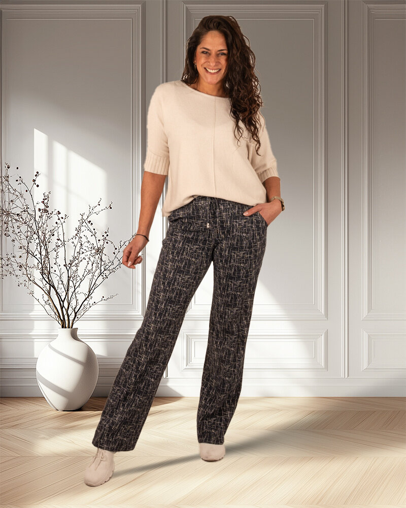 Blue/kit linen print travelstof pantalon met rechte pijp van Mi Piace