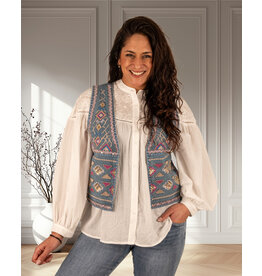 Jeans gilet met roze borduur