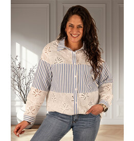 Wit/blauw streep/kant blouse