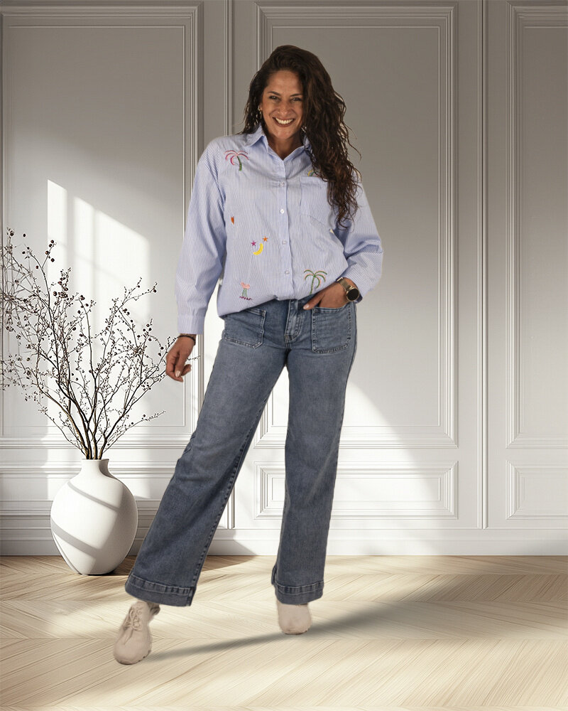Blauw/wit blouse met borduur van Gemma Ricceri