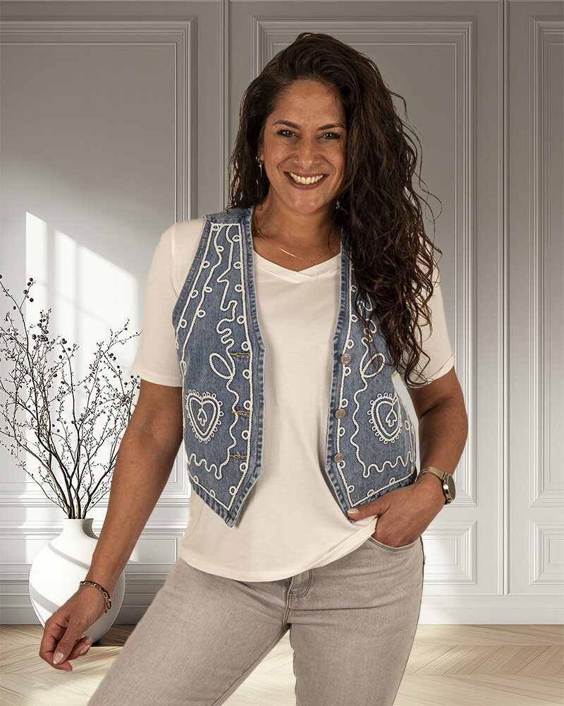 Jeans gilet met borduur van Rossamiss
