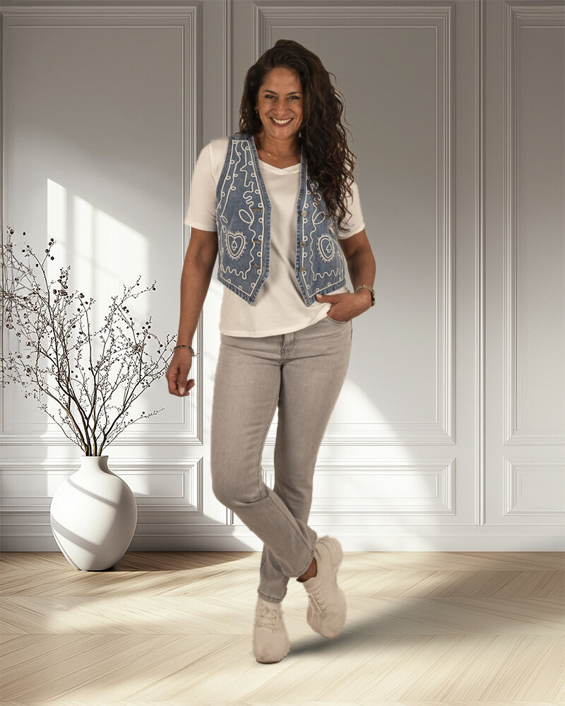 Jeans gilet met borduur van Rossamiss
