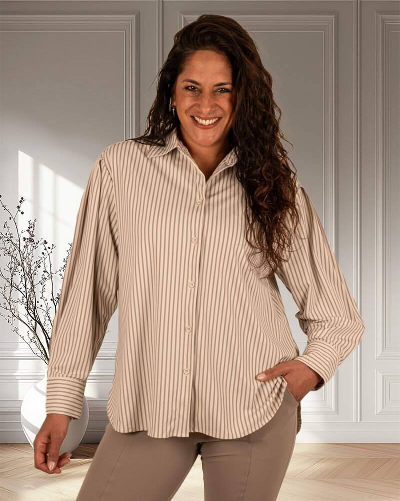 Taupe/kit gestreepte travelstof blouse met pofmouw van Mi Piace