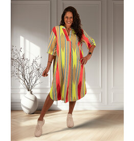 Beige/fluor print jurk