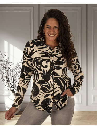 Ecru/zwart bladerenprint blouse van By Swan