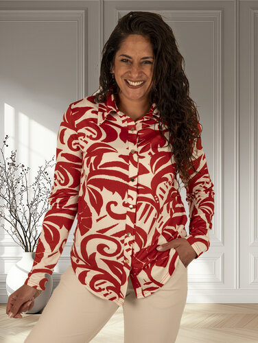 Ecru/rood bladerenprint blouse van By Swan
