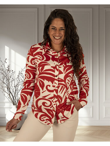 Ecru/rood bladerenprint blouse van By Swan