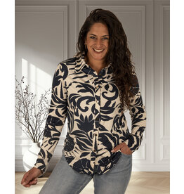 Ecru/donkerblauw bladerenprint blouse van By Swan